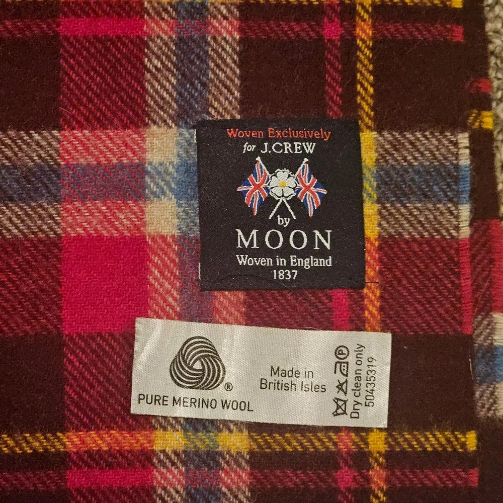 J.Crew Abraham Moon Plaid Scarf Burgundy Merino Wool Fringe Preppy British